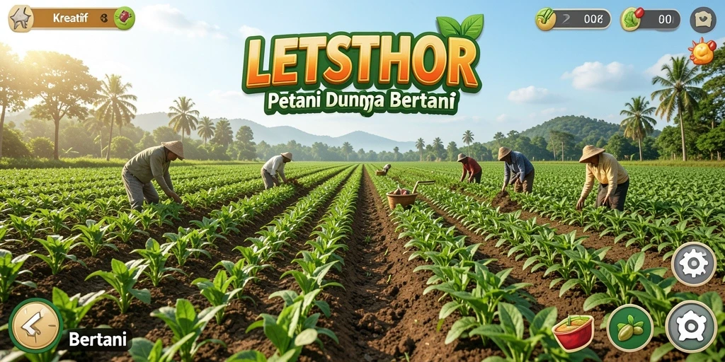 Tampilan antarmuka menarik dalam LETSTHOR yang memperlihatkan fungsi bertani.
