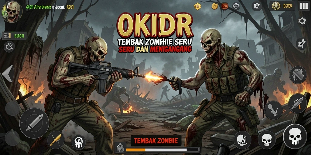 Screenshot tampilan gameplay OKIDR menembak zombie dengan grafis menarik.